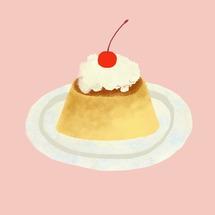 a piece of cake with a cherry on top is sitting on a white plate against a pink background