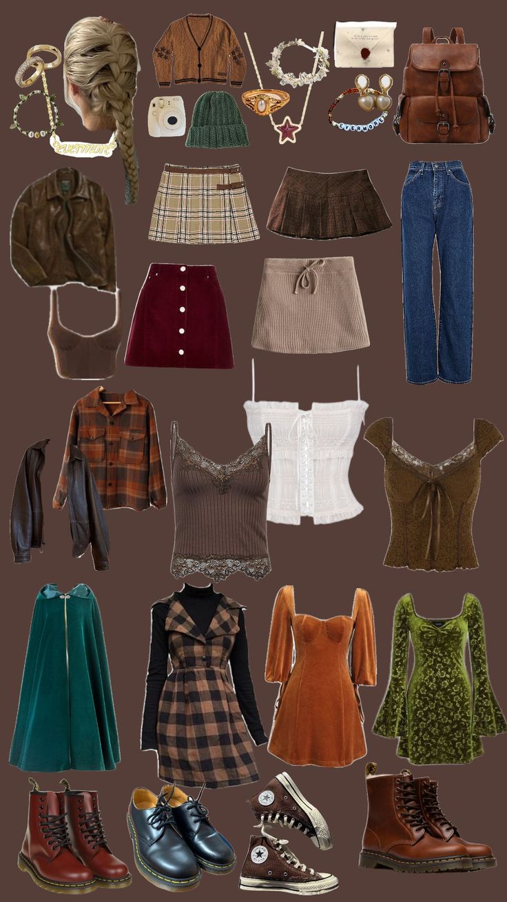 many different types of clothes and shoes are arranged in a grid pattern on a brown background