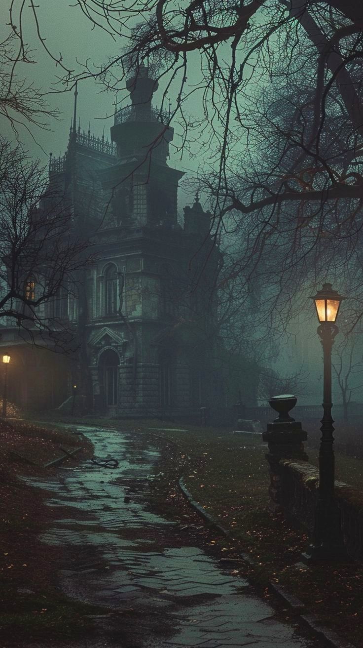 an old house in the fog with a lamp post and walkway leading up to it