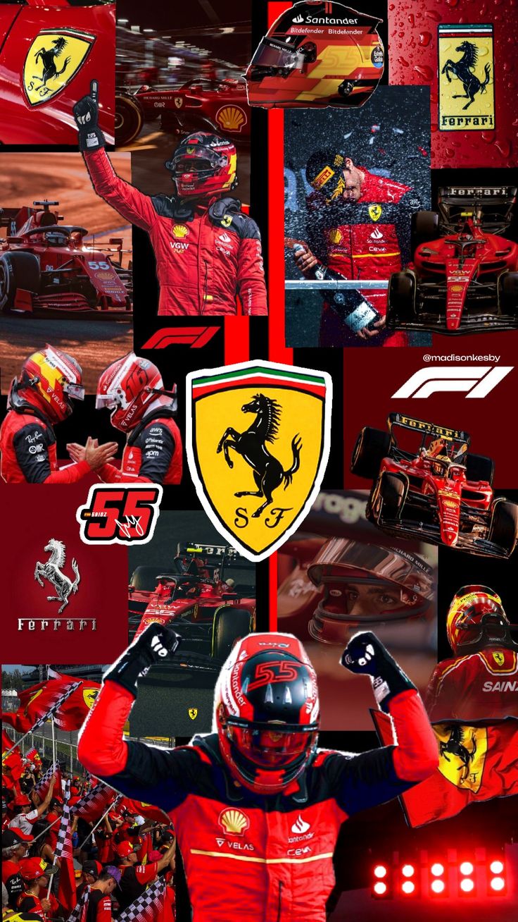 a collage of photos with ferrari racing cars and the driver in red, yellow and black