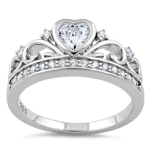 Sterling Silver Heart Crown Clear CZ Ring Crown Ring Princess, Heart Crown, Stone Setting, Cz Ring, Sterling Silver Heart, Real Diamonds, Cz Stone, Sterling Silver Charm, Silver Heart