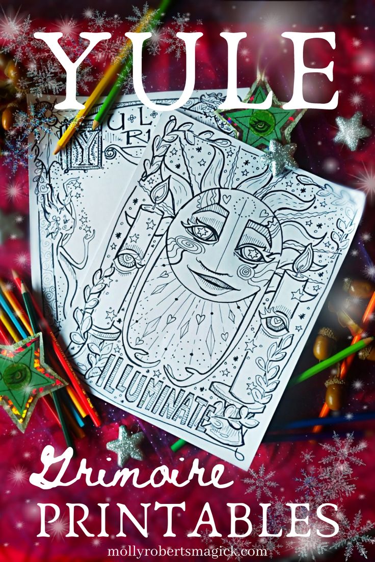 an adult coloring book with the title yule on it, surrounded by christmas decorations