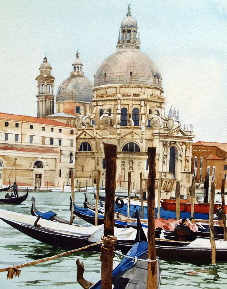 watercolor painting of gondolas and buildings in venice