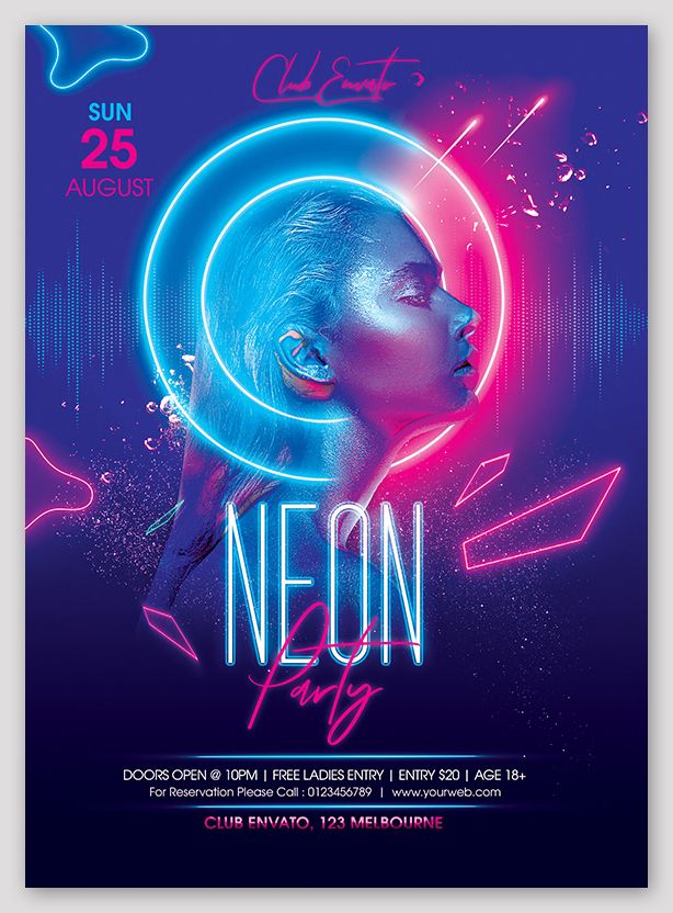 neon party flyer template with a woman's face in the center and an arrow above her head