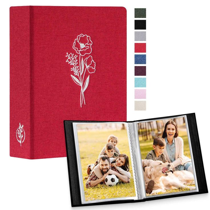 an open photo album with two pictures on it and a red book cover that has the image of three children playing soccer