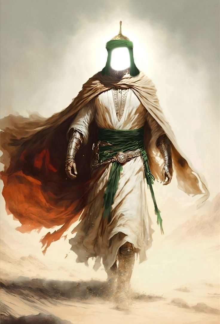 a painting of a man with a helmet and cape walking through the desert in front of clouds