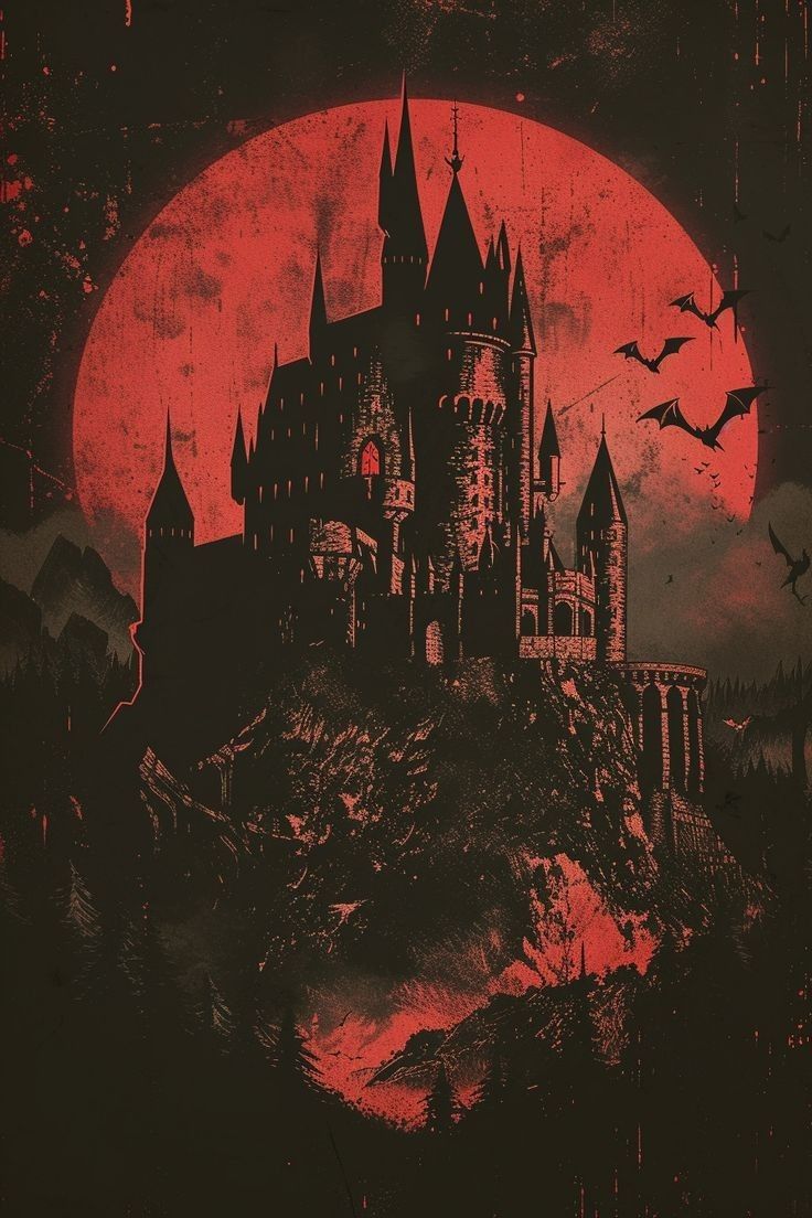 an image of a castle with bats in the sky and blood red moon behind it