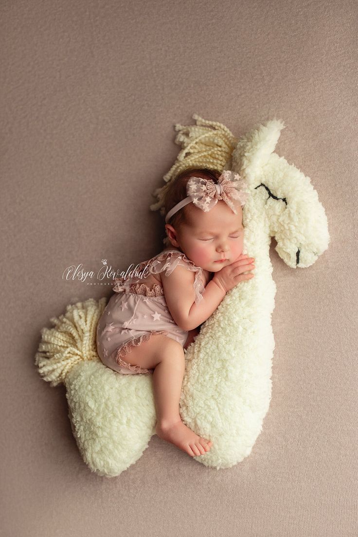 a baby is sleeping on top of a stuffed animal that looks like a llama