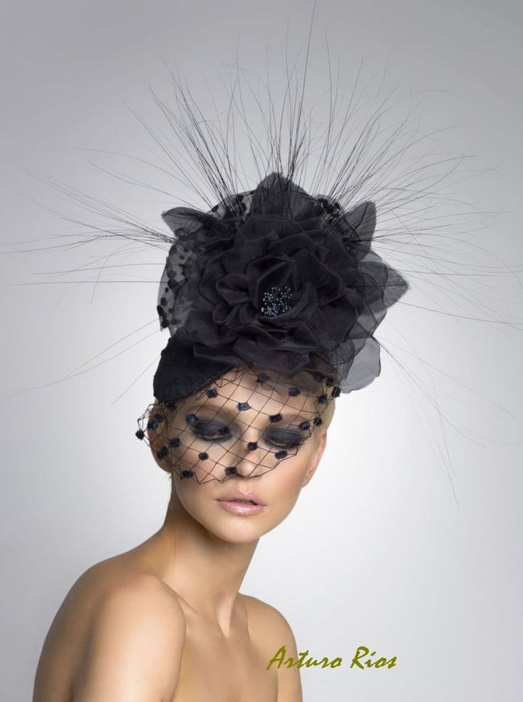 I personally love this headpiece, you can see this type of hats on high end magazines, Love the high fashion look. its made on a round base covered with black polka dots taffeta, a Veil with velvet dots ,a Beatiful Silk Rose seats on top, with long black horsehair feathers,a polka dot tulle bow behind the rose. all my hats are proudly hand made in the US.. please note that all hats are made by request, we ask for 5 days while we make and ship them, if there is a rush order ,please contact me bef Couture Fascinators, Types Of Hats For Women, Black Couture, Dressy Hats, Kentucky Derby Fascinator, Veiled Hats, Flower Hair Pieces, Black Fascinator, Derby Fascinator