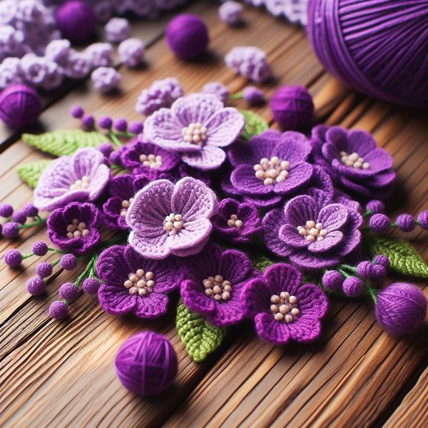 purple crocheted flowers and yarn on a wooden table with balls of yarn in the background