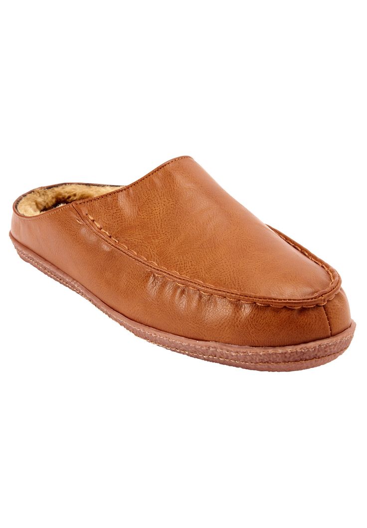 Comfortable and classic! These fur-lined clog slippers combine a smooth faux leather upper and warm synthetic fur lining to deliver the sophistication you want and the comfort you need. Synthetic fur-liningSide-elastic insets for easy in-and-outMemory foam padded footbedMade in extended sizes and widthsNon-skin outsolePolyurethane upperImported   Widths in M(D), W(E), and EW(EE). | Wide Width Fur-Lined Clog Slippers by KingSize in Chestnut (Size 14 W) Classic Synthetic Slippers With Leather Footbed, Indoor Slip-on Synthetic Clogs, Indoor Synthetic Slip-on Clogs, Brown Slip-on Indoor Clogs, Brown Slip-on Clogs For Indoor Use, Brown Indoor Clogs With Rubber Sole, Casual Brown Indoor Clogs, Brown Round Toe Clogs For Indoor, Comfortable Slip-on Clogs With Faux Fur Lining