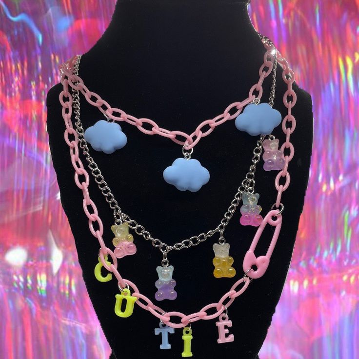 3 Layered Necklace Acrylic Chain With Clouds And The Word ‘Cutie’ On It. Bears In Silver Chain Length Is 17 Inches #Y2k #Set #Nostalgia #00s #Necklace Thanks In Advance Brand Set Vintage Nostalgia Virus Facemask Mask Top Croptop Skirt Pink Aesthetic Brown Inpiration Kawaii Luxury Baddieedits. Sailormoon Sailormars Sailor Trendy Pink Necklace With Adjustable Chain, Playful Pink Jewelry With Adjustable Chain, Handmade Pink Chain Necklace, Pink Dangle Charm Necklace With Adjustable Chain, Trendy Pink Chain Necklace With Adjustable Chain, Cute Pink Jewelry With Adjustable Chain, Cute Pink Jewelry With Chain Detail, Cute Pink Jewelry With Chain, Trendy Pink Chain Necklace