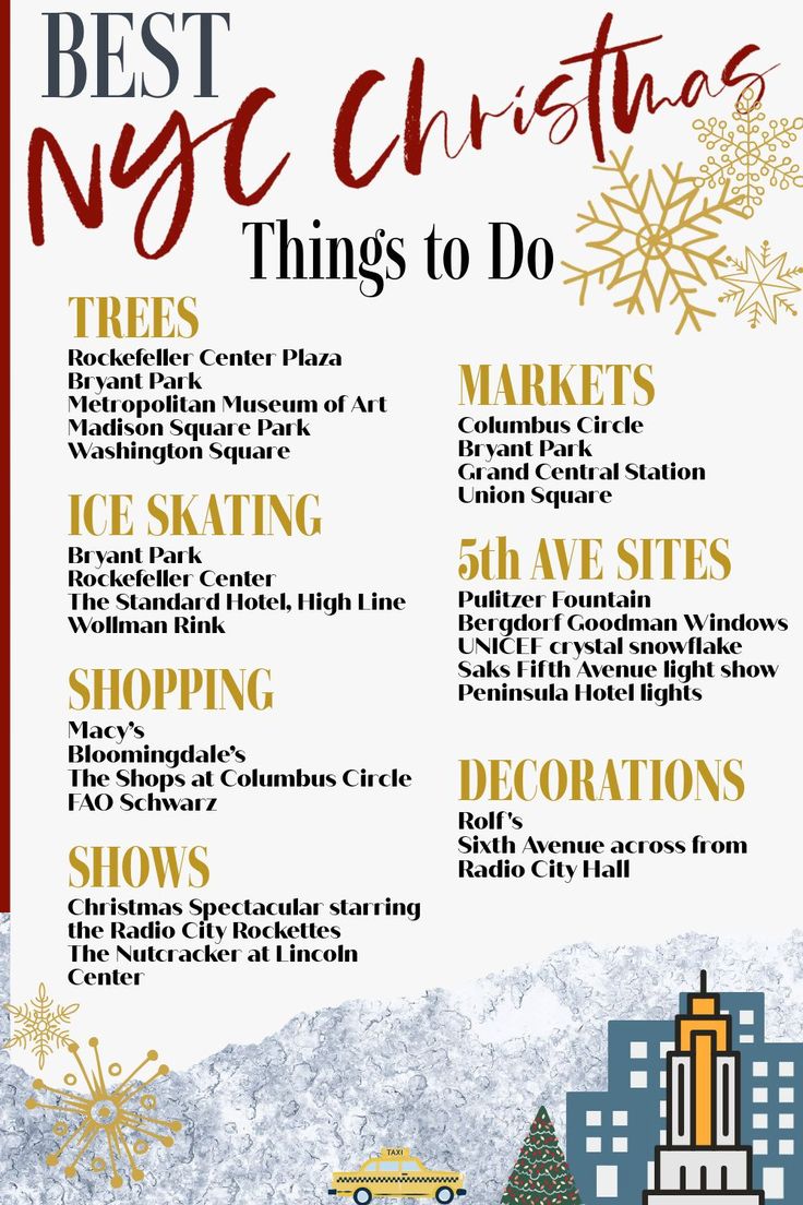 the best nyc christmas things to do list is shown in red, white and gold