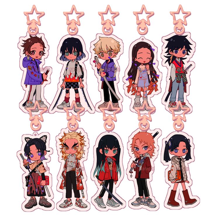 an image of anime character stickers on a pink background with the characters in different poses