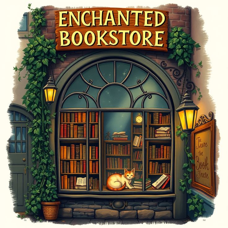 an illustrated book store with a cat sitting in the window