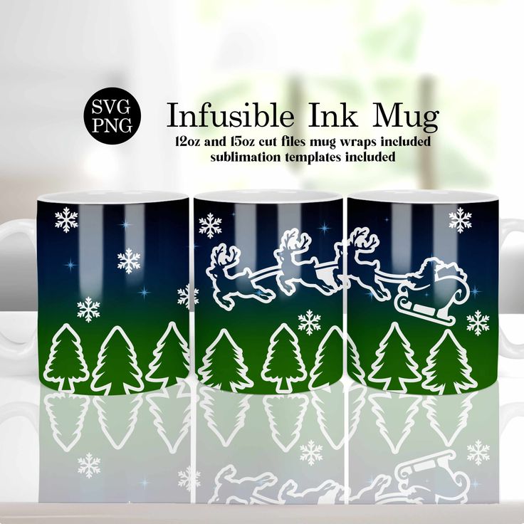 three coffee mugs decorated with christmas trees and santa's sleigh on them