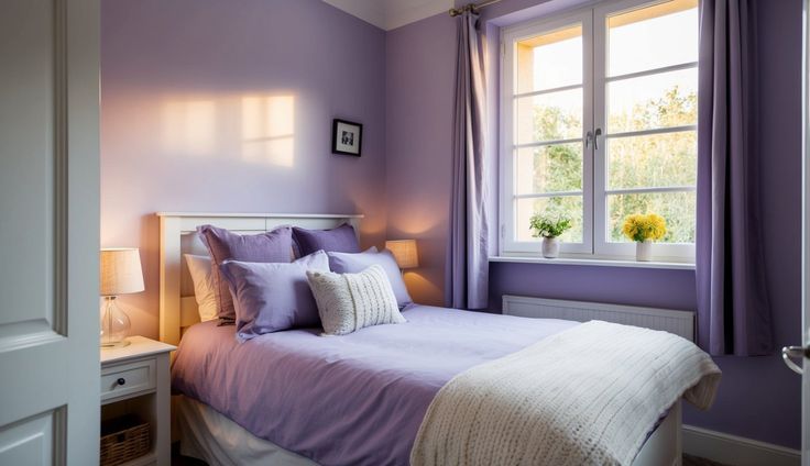 a bedroom with purple walls and white bedding