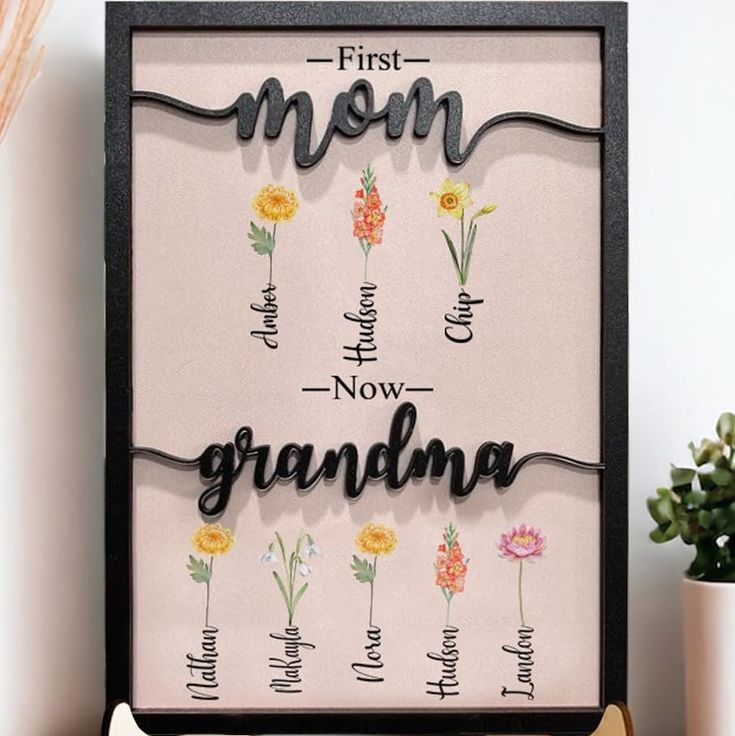 the first mom is now grandma with flowers on it's frame next to a potted plant