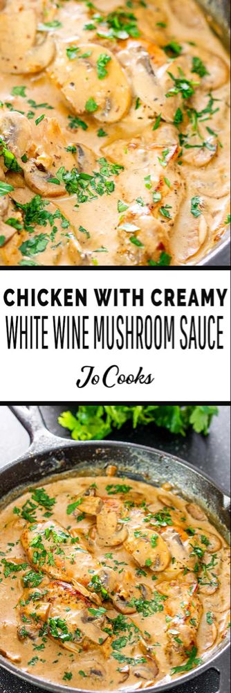 chicken with creamy white wine mushroom sauce in a skillet, and then topped with parsley