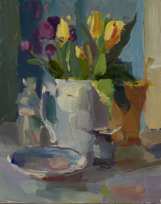 a painting of flowers in a vase on a table