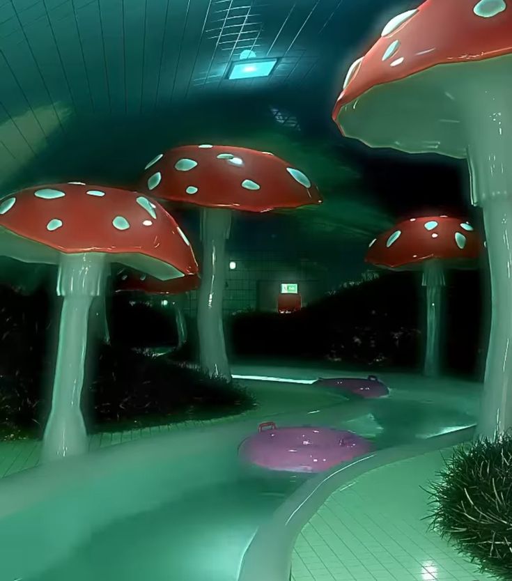 several mushroom like structures in the middle of a green area with pink and white bases