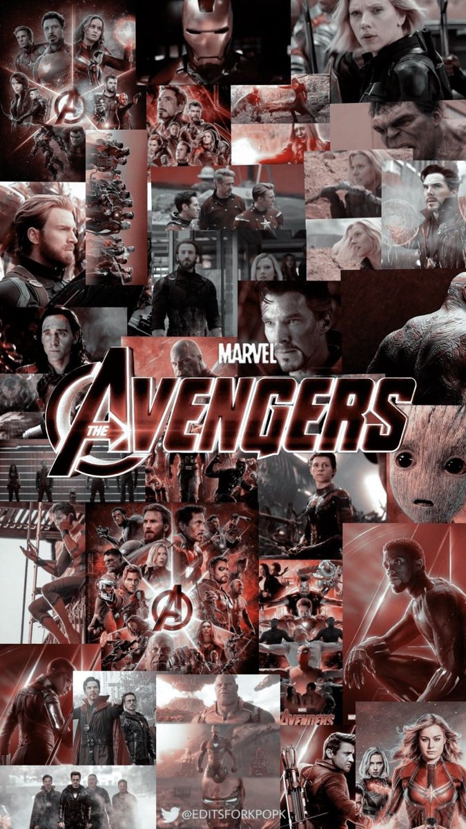 the avengers movie poster is shown in black and red