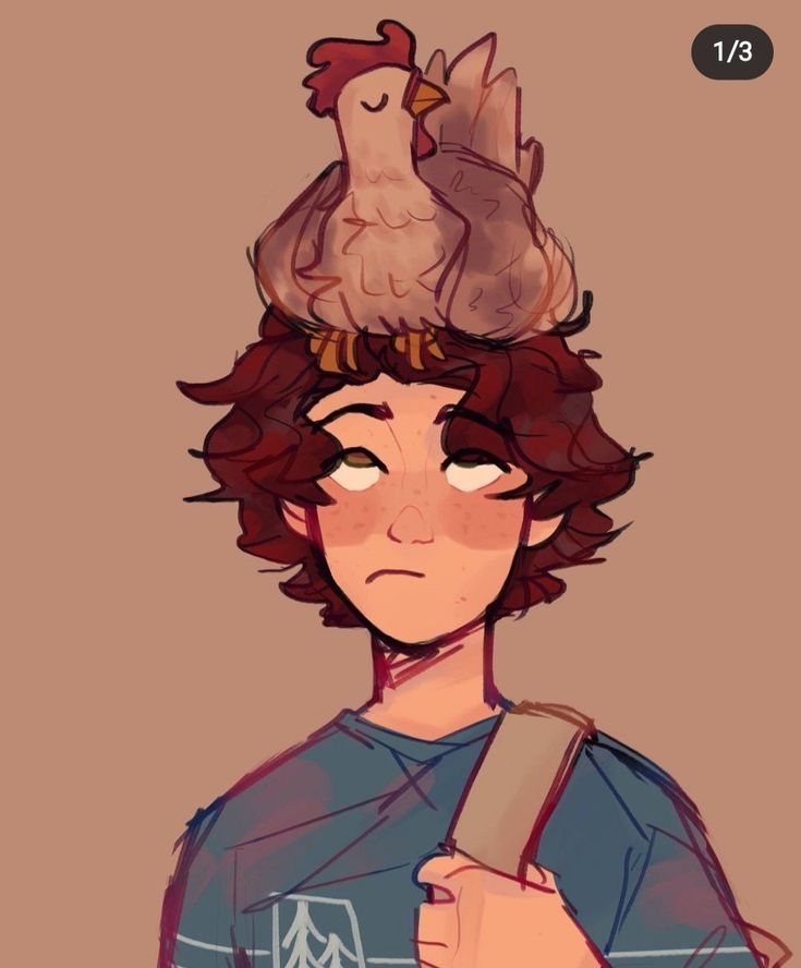 a drawing of a boy with chickens on his head