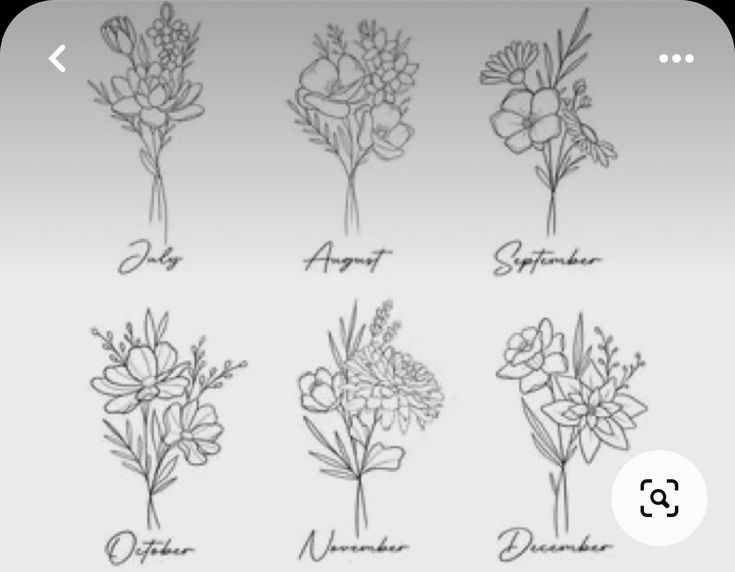 six different types of flowers are shown in black and white, with the names of each flower