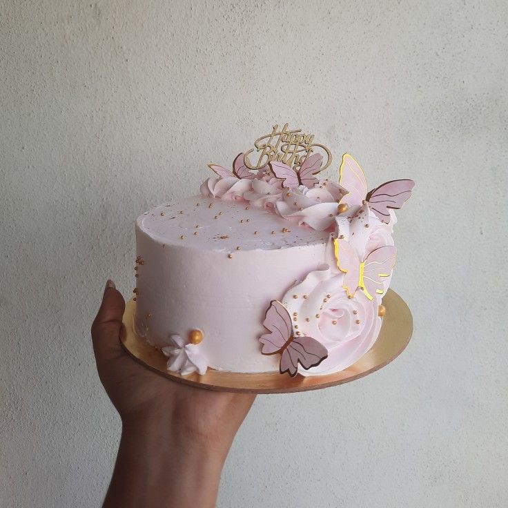 Pink cake, birthday cake, butterfly cake, asthetic cakes Butterfly Cake Pastel Color, Mini Cake Butterfly, Light Pink Butterfly Cake, Pink Whipped Cream Cake, Pink Theme Birthday Cake, Birthday Cake Butterfly Theme, Butterfly Cake Aesthetic, Cake Butterfly Design, Butterfly Theme Cake Simple