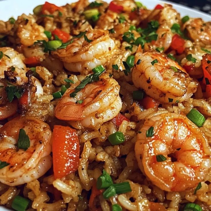 a white plate topped with rice and shrimp