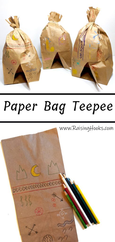 paper bag teepeee with colored pencils next to it and two bags on the table