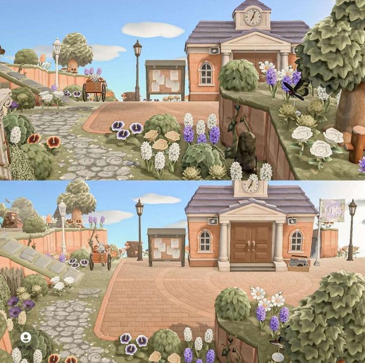 two pictures of a house with flowers in the front yard