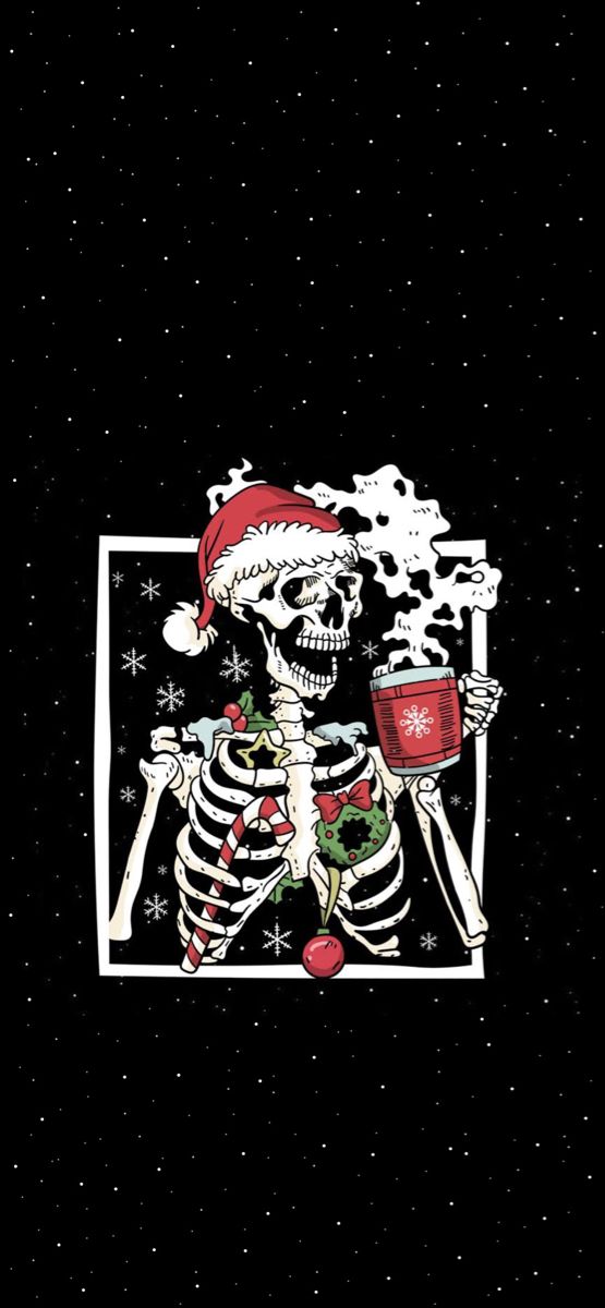 An image of a skeleton wearing a Santa hat, with Christmas ornaments hanging on its ribs, while holding a Christmas coffee mug, on a black background with snow falling behind Goth Christmas Wallpaper Iphone, Christmas Wallpaper Phone Aesthetic, Christmas Wallpaper Spooky, Christmas Wallpaper Skeleton, Alternative Christmas Wallpaper, Wallpaper For Christmas Iphone, Spooky Holiday Wallpaper, Thanksgiving Skeleton Wallpaper, Cool Christmas Wallpaper Iphone