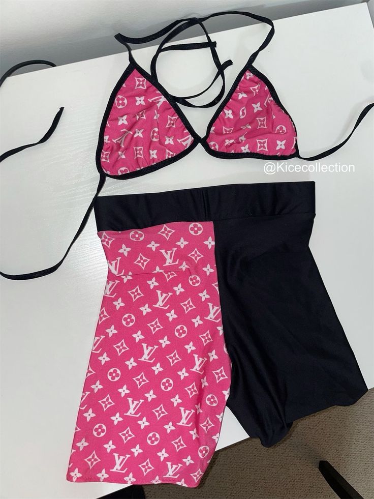 Designer inspired two piece set, pink/black. Chic Pink Matching Sets, Chic Pink Loungewear Sets, Trendy Fitted Pink Sets, Pink Stretchy Two-piece Set, Pink Two-piece Set For Night Out, Pink Stretch Two-piece Set, Pink Stretchable Two-piece Set, Chic Pink Two-piece Set, Fitted Pink Set For Summer