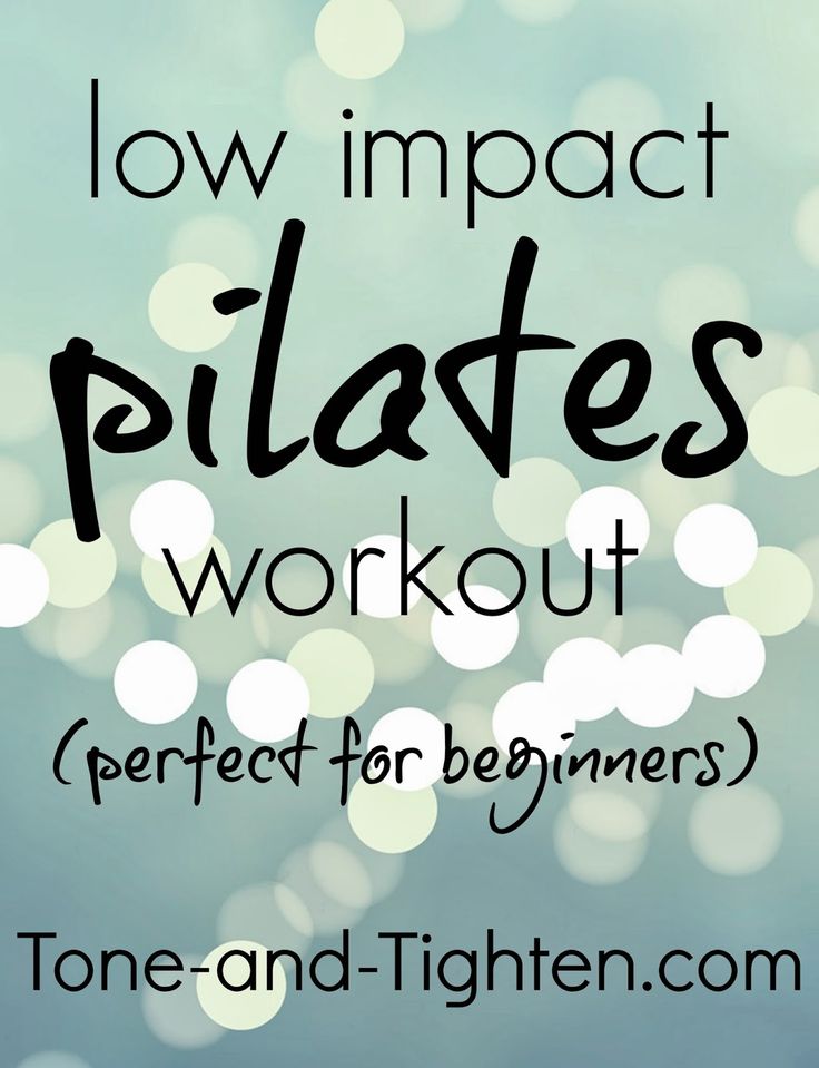 the words low impact pilates workout perfect for beginners on a blurry background