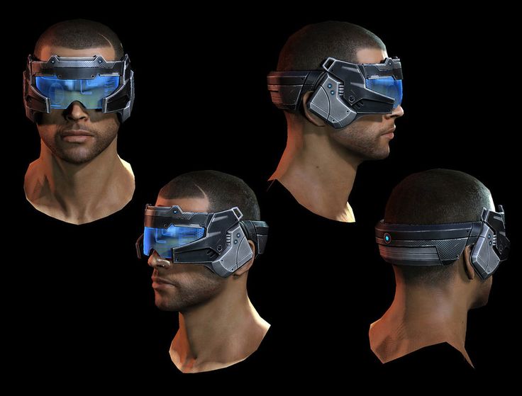 three different views of a man's head wearing a virtual headset and goggles