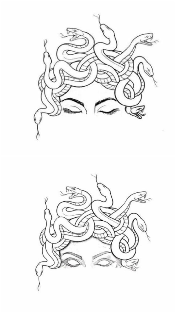 two drawings of woman's faces with snakes on their head and one drawing of a woman's face