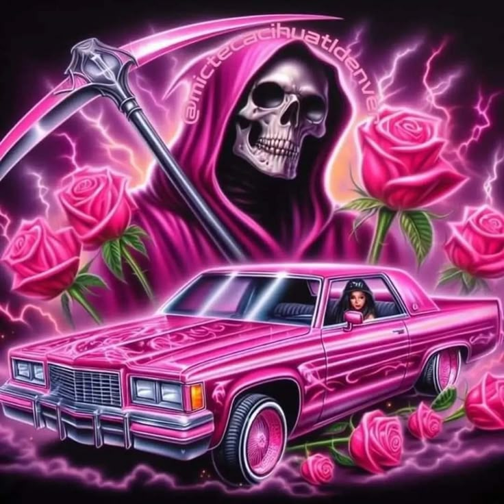 a pink car with a skull on the hood and two roses in front of it