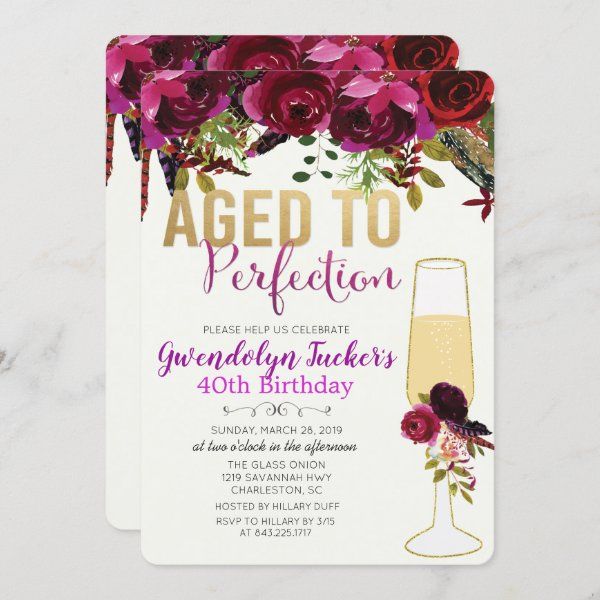 an aged to perfection birthday party card with roses and wine glasses on the front, in gold foil