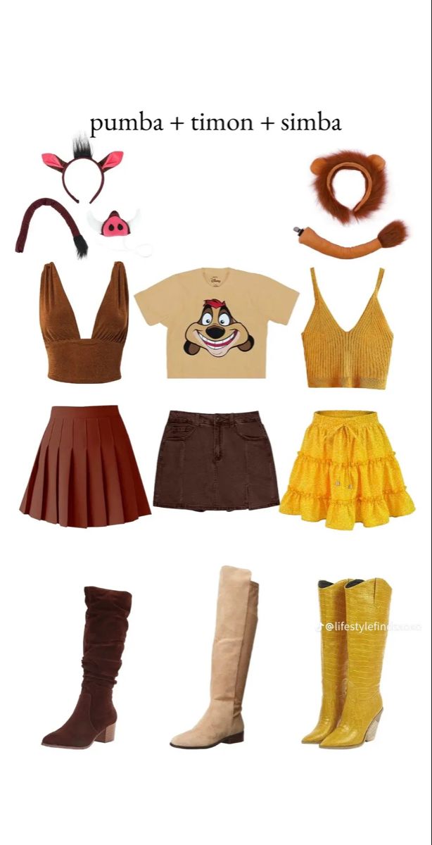 some different types of clothes and accessories on a white background with the words pumba + timon + sinha