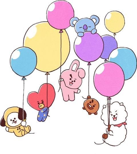 a bunch of balloons with some animals on them and one bear hanging from the strings