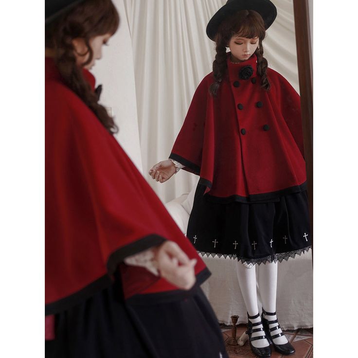 A cape coat and ribbon hood that will make you look like an innocent and cute young lady. An elegant item that will update your daily life in one tone. When combined with the hood, the design looks like a large ribbon decorated on the chest. Try wearing it with elegant volume. 
 
 
 
 Item 
 
 Cape coat (pearl white) 
 Cape coat (dark red) 
 Ribbon hood (black) 
 
 
 Size 
 
 Cape coat 
 
 S size 
 
 Length: 64cm 
 Hem circumference: 386cm 
 
 M size 
 
 Length: 65.5cm 
 Hem circumference: 392cm 
 
 L size 
 
 Length: 67cm 
 Hem circumference: 398cm 
 
 
 Ribbon hood 
 
 M size 
 
 
 
 
 
 
 
 Material 
 
 Polyester 
 Wool 
 
 
 Model worn 
 
 Wearing size 
 
 S size 
 
 Model dimensions 
 
 Height: 162cm 
 Weight: 45kg 
 
 
 
 Others 
 
 Black rose brooch is not included. Hood Cape, White Cape, Rose Brooch, Capes For Women, Cape Coat, Red Ribbon, Black Rose, Dark Red, Pearl White