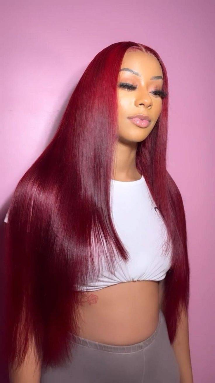 Frontal Wig Hairstyles, Straight Wigs, Long Red Hair, Red Wigs, Burgundy Hair, Dope Hairstyles, Front Lace Wigs Human Hair, Long Red, Baddie Hairstyles