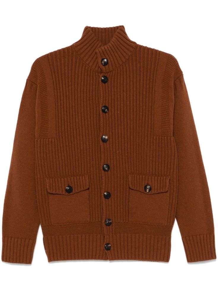 chocolate brown wool blend ribbed knit front button fastening stand-up collar long sleeves two side flap pockets straight hem