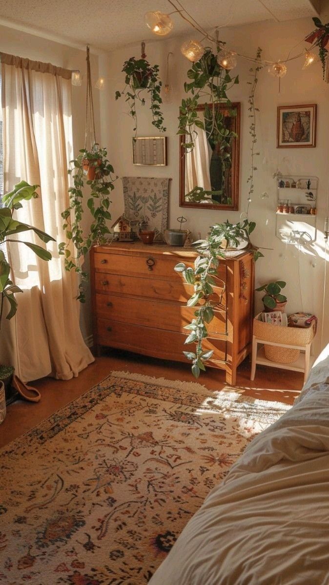 a bedroom with plants hanging from the ceiling