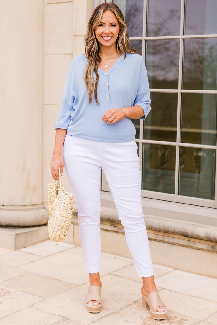 Tell a different story in this gorgeous top! This beautiful blue top is the perfect choice for a casual day out! Its comfortable fit will make you feel at ease, while its stunning color will surely make you stand out! A must-have for any wardrobe! 96% Rayon, 4% Spandex Light Blue Tops For Spring Day Out, Light Blue Top For Spring Day Out, Versatile Blue Top For Loungewear, Light Blue Stretch Top For Work, Casual Light Blue Tops For Workwear, Blue Spring Loungewear Blouse, Chic Blue Tops For Day Out, Blue Knit Top For Spring Day Out, Blue Relaxed Fit Top For Day Out