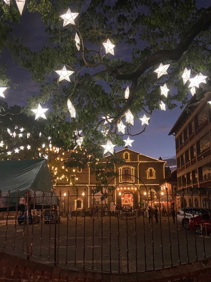 the stars are hanging from the tree in front of the building and on the fence