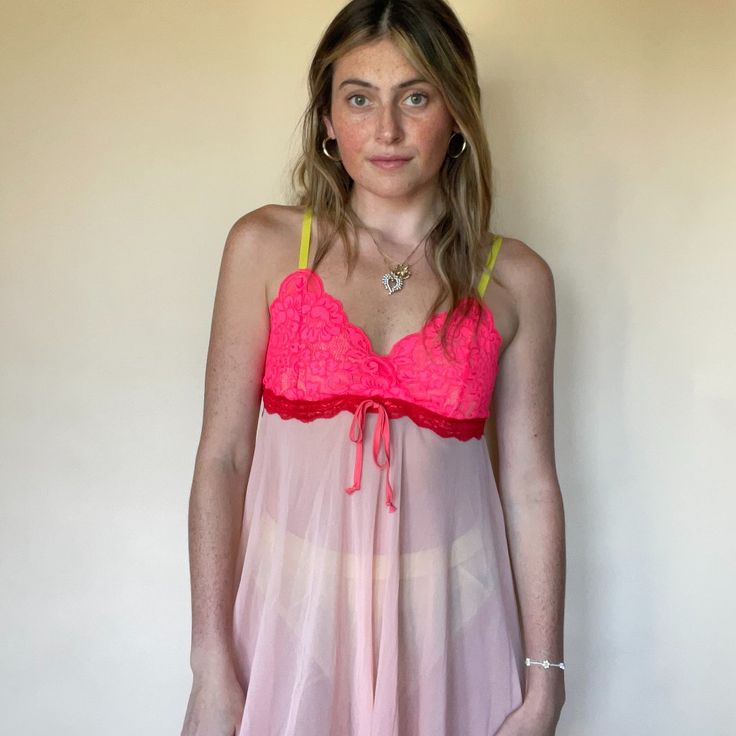 Brand New Perfect Condition! Never Been Worn! Price Firm, Absolutely No Trades! Nwt!!! Bought This Along With Another Color And Planned On Returning The One I Didn't Keep But We Are Hah Rarely Does Returns Mesh Slip Dress & Comes With Cute Undies! They're Ruffly Includes An Adjustable Front Tie! Flirty Pink V-neck Sleepwear, Pink Camisole With Built-in Bra For Bedtime, Pink Cami Sleepwear With Built-in Bra, Pink Lace Sleep Camisole, Pink Sheer Camisole Sleepwear, Flirty Pink Sleepwear With Built-in Bra, Pink Lace Camisole For Sleep, Cute Pink Camisole For The Beach, Pink Lace Trim Camisole In Coquette Style