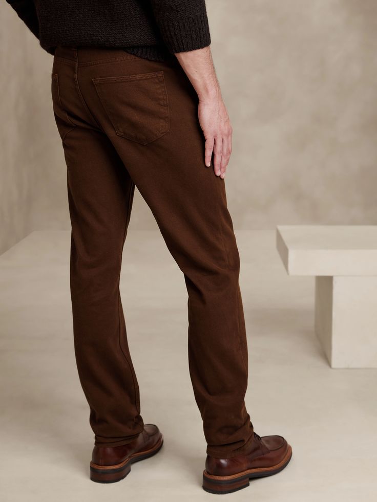 Slim Brushed Traveler Pant | Banana Republic Fall Bottoms With Straight Fit And Standard Cut Leg, Straight Fit Pants With Five Pockets For Fall, Brown Relaxed Fit Straight Bottoms, Straight Fit Cotton Bottoms For Fall, Brown Straight Relaxed Fit Bottoms, Brown Straight Bottoms With Relaxed Fit, Straight Fit Pants With Standard Cut For Fall, Classic Fall Chinos With Hip Pockets, Tapered Leg Pants With Five Pockets For Fall