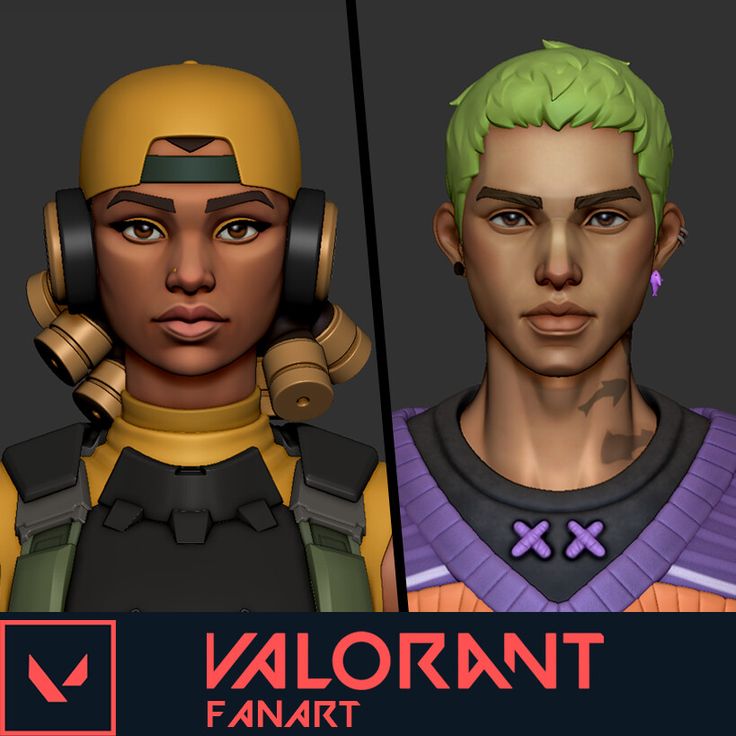 two male avatars with green hair and yellow headgear, one wearing ear phones